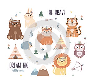 Cute woodland tribal animals set