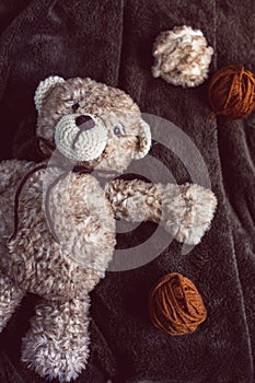 Cute wool teddy bear is lying in the bed