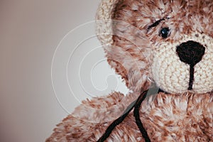 Cute wool teddy bear is lying on the table