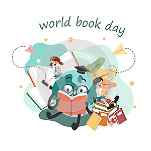 A cute world mascot, a boy and girl reading a book and enjoy studying together. World book day concept cartoon flat vector