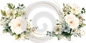 Cute wreath with leaves, white roses, pyrethrum and hydrangea blossom , Generative AI