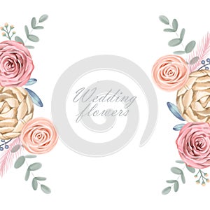 Cute wreath with leaves, white Roses, Pyrethrum and inflorescence Hydrangea, illustration in vintage watercolor style