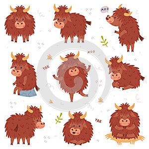 Cute Yak Character with Dense Fur and Horns Engaged in Different Activity Vector Set