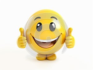 Cute yellow 3D smiley character with thumbs up. Cute cartoon emoticon on white background