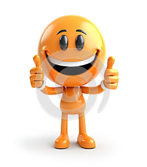 Cute yellow 3D smiley character with thumbs up. Cute cartoon emoticon on white background