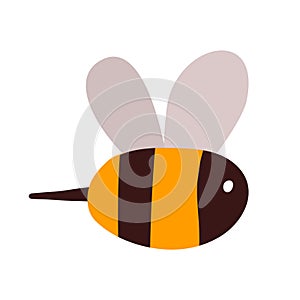 A cute yellow bee in black stripes is flying. A small kind insect with a sting for the logo of manufacturers of honey, wax, apiary