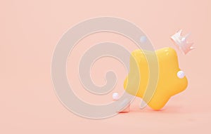 Cute yellow big star with crown and crystal. The concept of winning, good luck. 3d rendering illustration