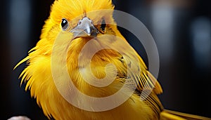 Cute yellow bird with beak perching on branch, looking at camera generated by AI