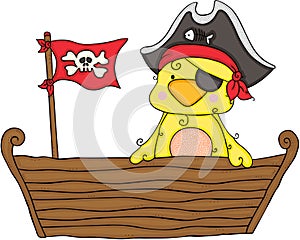 Cute yellow bird pirata on wooden boat photo