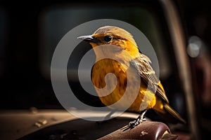 Cute yellow bird sitting on the car roof and looking at camera. Generative AI.