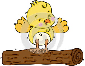 Cute yellow bird on tree stump trunk