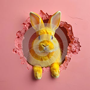 Cute yellow bunny peeking out of a hole in a pink wall