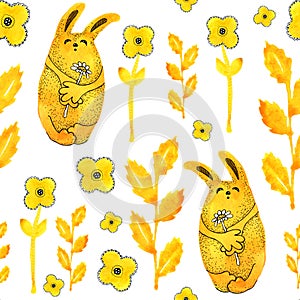 Cute yellow bunny rabbit holds a camomile flower. Hand watercolor illustration, seamless pattern. For the design of