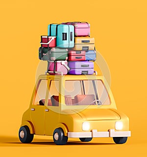 Cute yellow car with luggage on the roof ready for travel on yellow background.