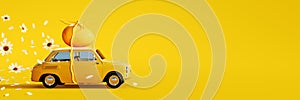 Cute yellow car with tied Easter egg on the roof. Easter is coming concept on yellow background with copy space.