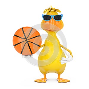 Cute Yellow Cartoon Duck Person Character Mascot with Basketball Ball. 3d Rendering