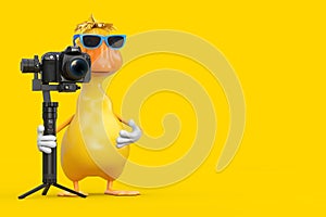 Cute Yellow Cartoon Duck Person Character Mascot with DSLR or Video Camera Gimbal Stabilization Tripod System. 3d Rendering