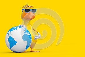 Cute Yellow Cartoon Duck Person Character Mascot with Earth Globe. 3d Rendering