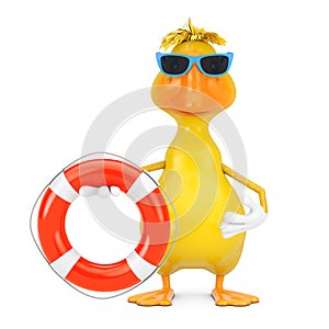 Cute Yellow Cartoon Duck Person Character Mascot with Life Buoy. 3d Rendering