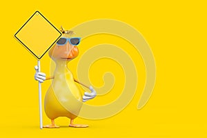 Cute Yellow Cartoon Duck Person Character Mascot and Yellow Road Sign with Free Space for Yours Design. 3d Rendering