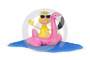Cute Yellow Cartoon Duck Person Character Swimming with Summer Swimming Pool Inflantable Rubber Pink Flamingo Toy. 3d Rendering