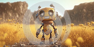 Cute yellow cartoon robot in a yellow field. Rustic metal toy cyborg android friend