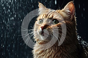 Cute yellow cat in rain shower all wet and annoyed