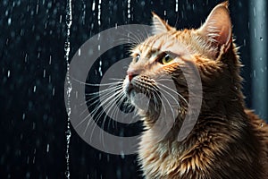 Cute yellow cat in rain shower all wet and annoyed