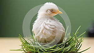 Cute yellow chick hatching, looking at the grassy meadow generated by AI