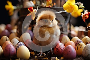 Cute yellow chick sitting on a basket with Easter eggs