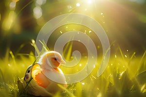 cute yellow chicken in half a shell in the green grass in the backlight of the sun's rays
