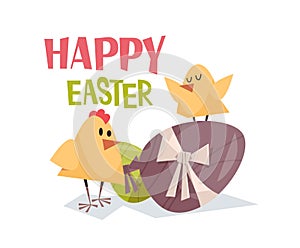 cute yellow chicks with decorated eggs happy easter spring holiday celebration greeting card poster