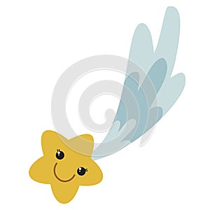 cute yellow color star falls and leaves a trail, cartoon illustration, isolated object on white background, vector