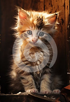 Cute yellow cream stray cat. Sad kitten.