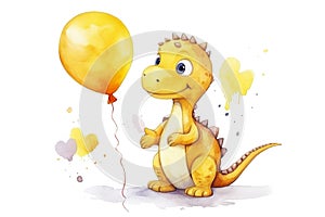 Cute Yellow Dinosaur with Balloon Isolated on White Watercolor Illustration