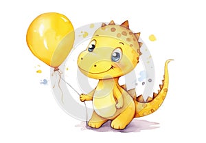 Cute Yellow Dinosaur with Balloon Isolated on White Watercolor Illustration