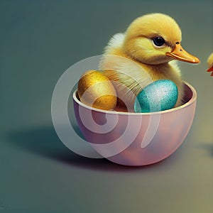Cute yellow duckling with colorful Easter eggs. AI-generated image.