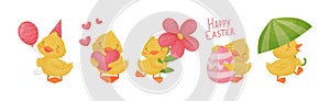 Cute Yellow Duckling with Wing and Feathers Vector Set