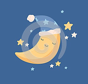 Cute yellow half moon sleeping in hat with pompom at night sky with stars. Sweet baby crescent character in nightcap