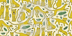 Cute yellow leopards family, seamless pattern background