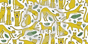 Cute yellow leopards family, seamless pattern background