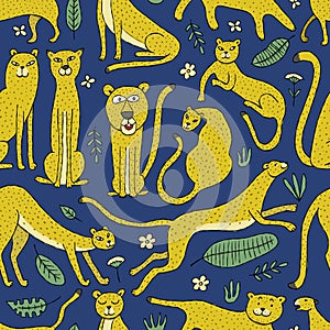 Cute yellow leopards family, seamless pattern background on dark blue