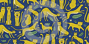 Cute yellow leopards family, seamless pattern background on dark blue