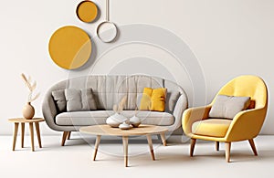 Cute yellow lounge chair near round wooden coffee table and gray