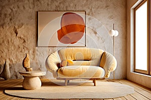 Cute yellow loveseat sofa and round stone side table against of stucco wall with poster frame Interior design of modern living