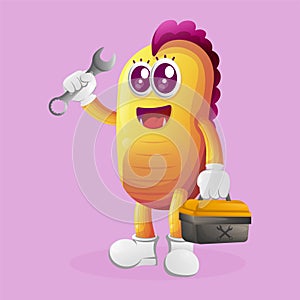 Cute yellow monster holding spanner and tolls box