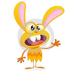 Cute yellow monster rabbit. Halloween vector bunny monster with big ears waving. on white