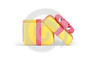 Cute yellow open gift box pink bow ribbon festive congratulations surprise realistic 3d icon vector