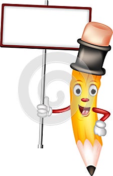 Cute yellow pencil cartoon with blank sign