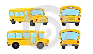 Yellow school bus vector illustration on white background, four vehicle viewed from different angles